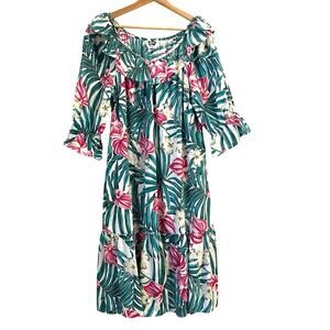 Vintage Hilo Hattie Tropical Print Dress XL Hawaii Palm Leaf Floral Muumuu Midi
